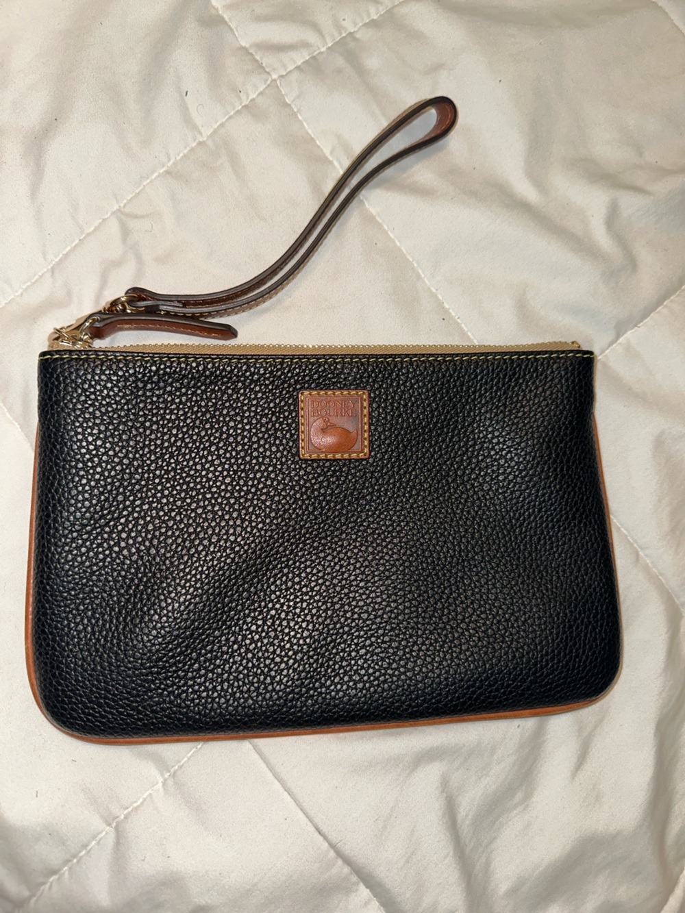 Dooney & Bourke Black Pebbled Leather Wristlet with Brown Trim